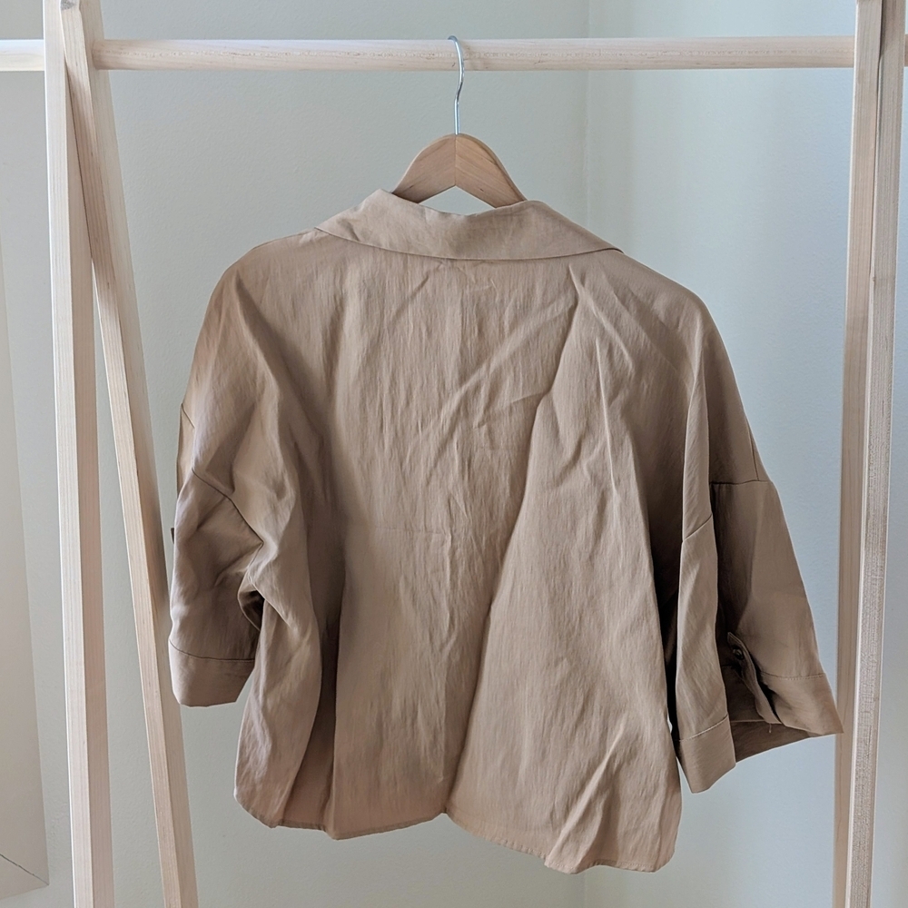 NWT Zara Collared Button-Front Boxy Collared Shirt In Tan - S - Picture 7 of 8